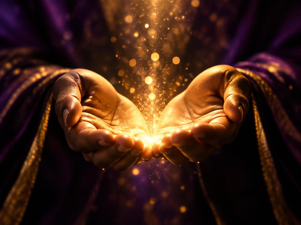 Open hands giving with golden light